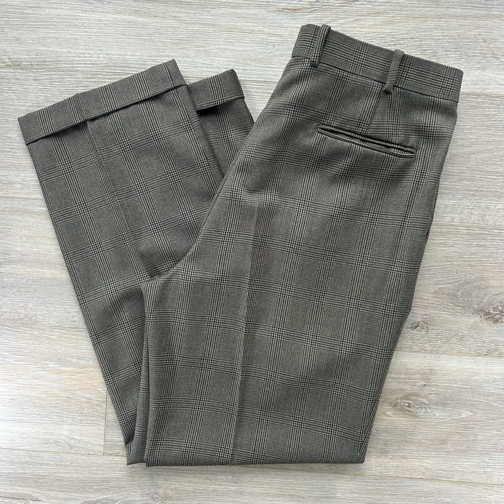 Vintage J.RIGGINS Men's Size 37 Long Brown Plaid Wool Blend Pleated Cuff Pants - Picture 2 of 14